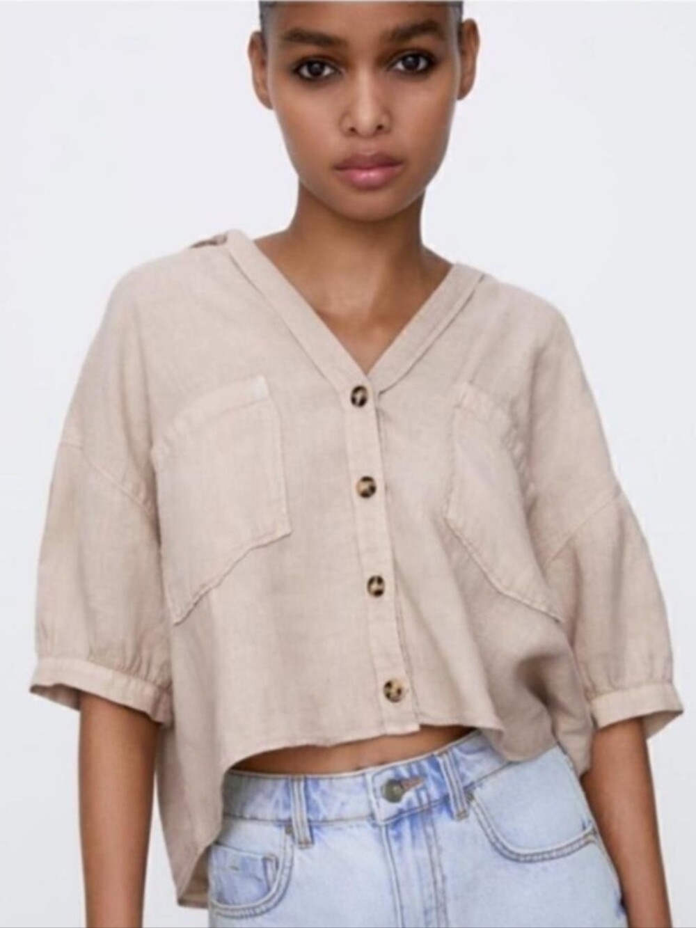 Zara Beige Cropped Button-Front Linen Shirt